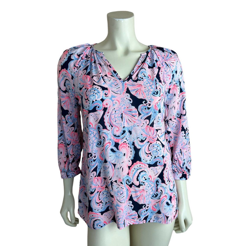 Lilly Pulitzer Willa 3/4 Sleeve Top XS Seahorse Print High Tide Navy Blue Pink